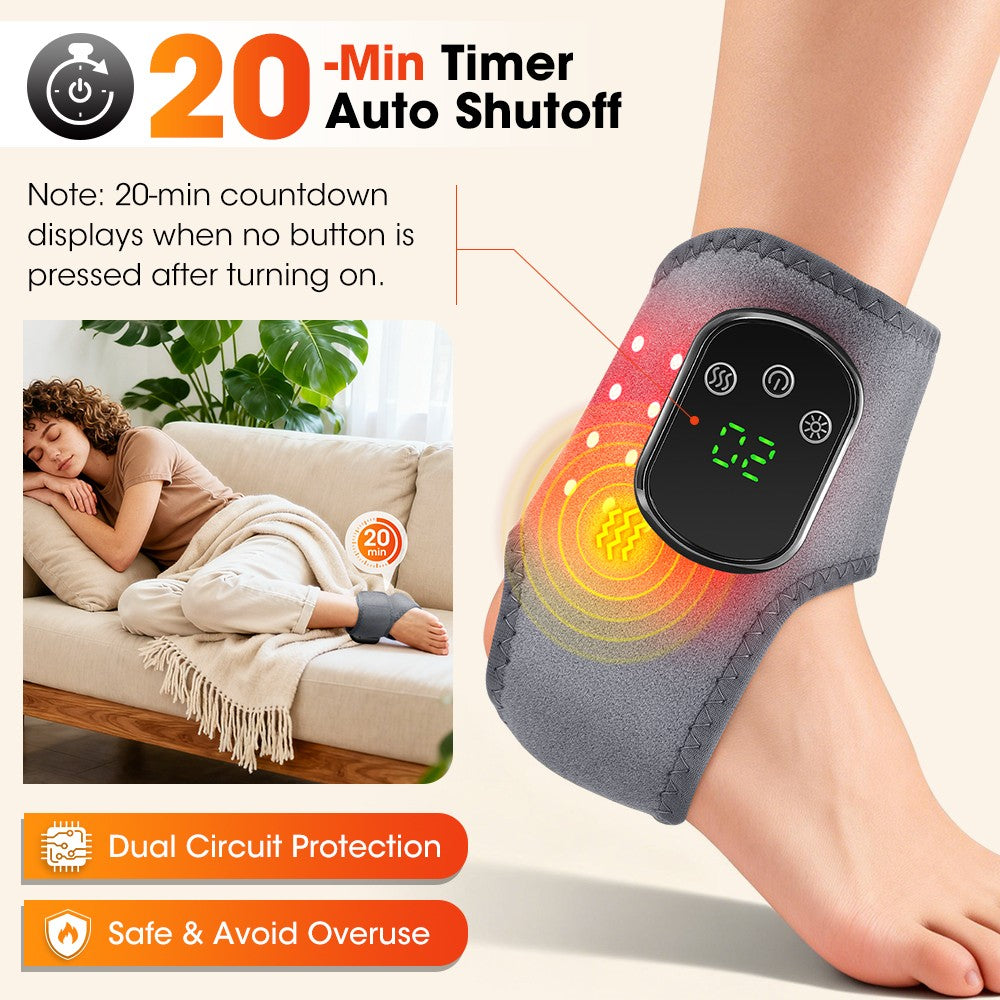 Cordless Ankle Massager Brace Heated Red Light Therapy Vibration Pain Relief